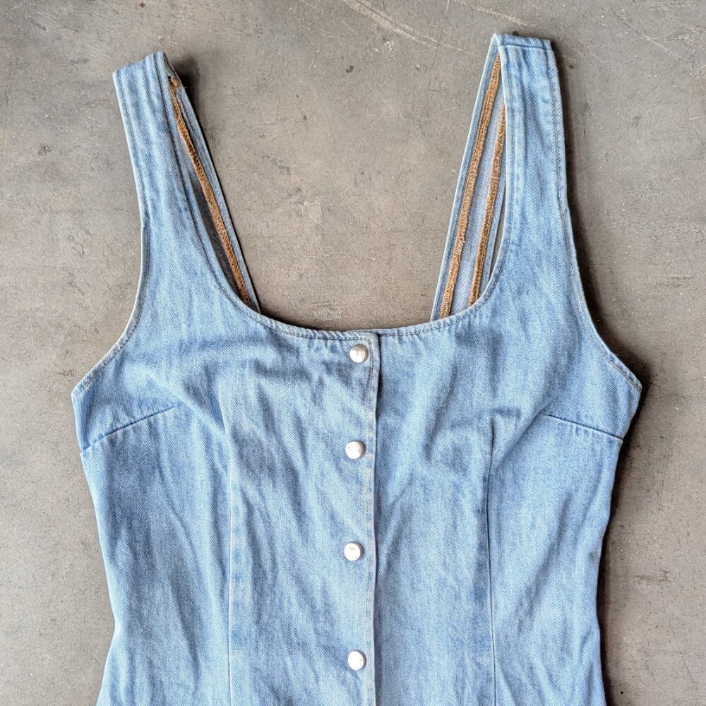 Vintage Paris Blues Denim Snap Front Midi Sheath Dress - Picture 3 of 11